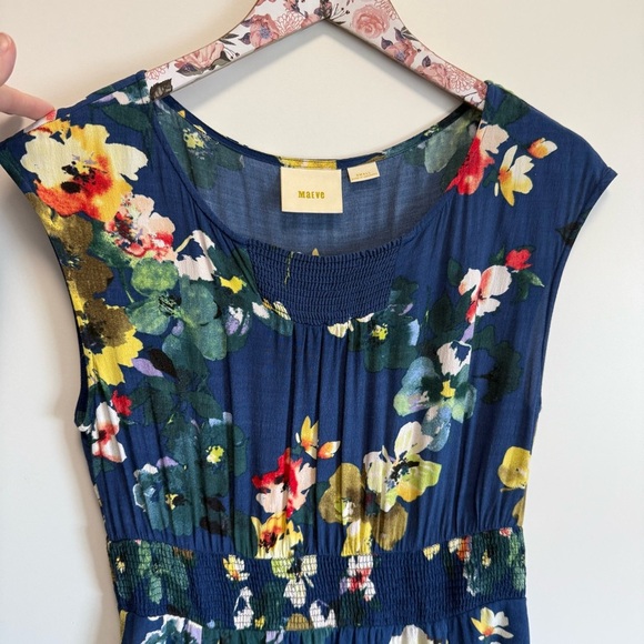 Anthropologie MAEVE Evaline Blue Floral Short Cap Sleeve Dress Smocked S Small - Picture 4 of 10